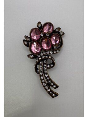 Vintage Snake Head Brooch Pink Rhinestones Clear Stones Gold Tone Pin Floral
